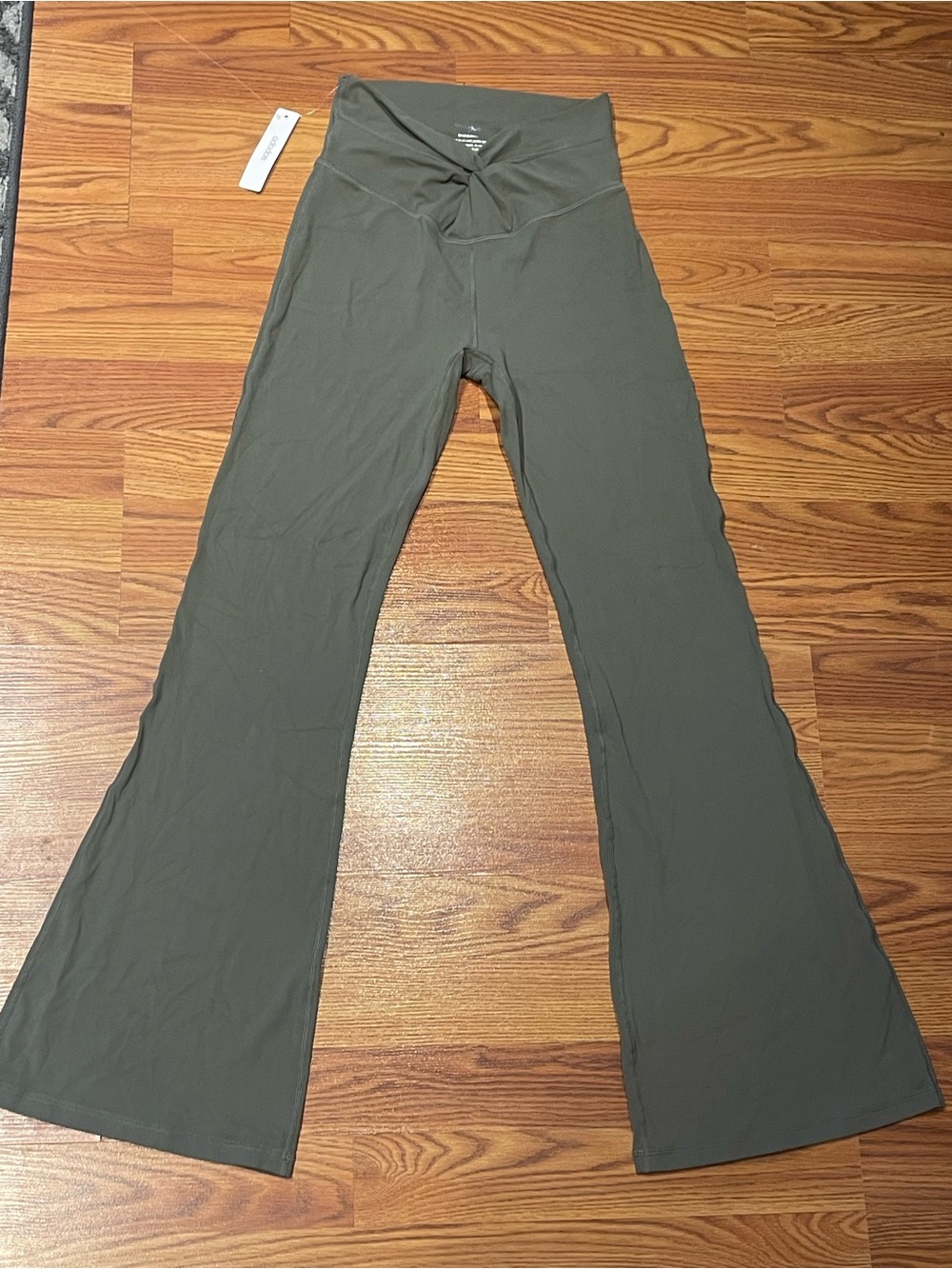 Olive Green Flare Yoga Pants with Twisted Waistband